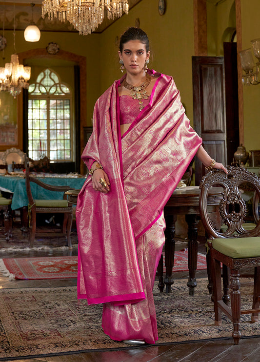 Hot Pink Kanjivaram Silk Blend Woven Classic Saree