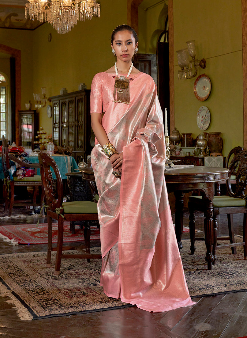 Peach Kanjivaram Silk Blend Woven Classic Saree