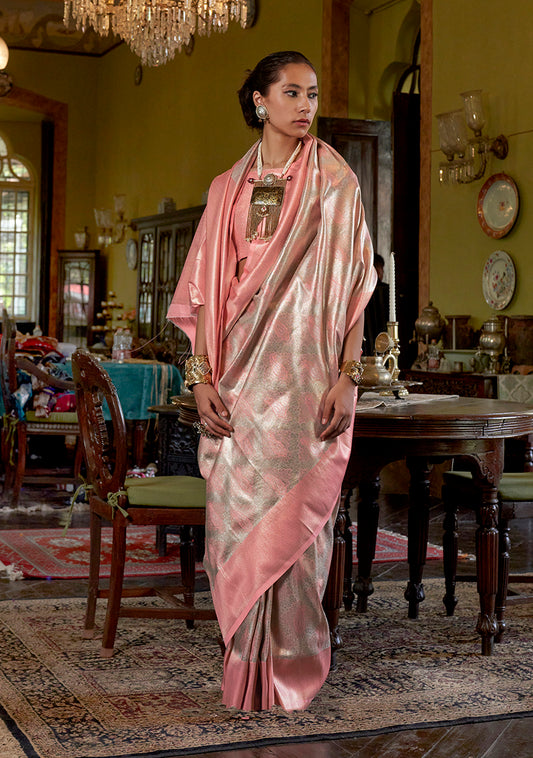 Peach Kanjivaram Silk Blend Woven Classic Saree
