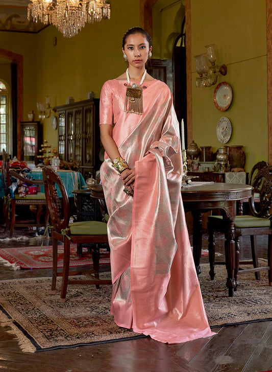 Peach Kanjivaram Silk Blend Woven Classic Saree