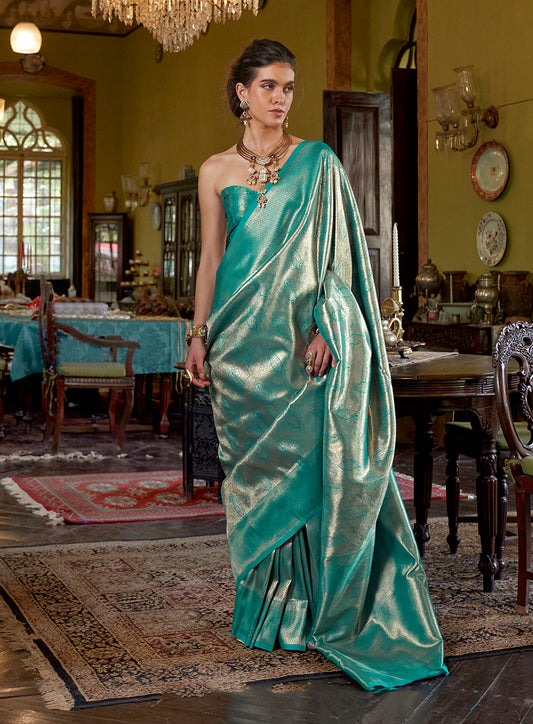 Turquoise Kanjivaram Silk Blend Woven Classic Saree