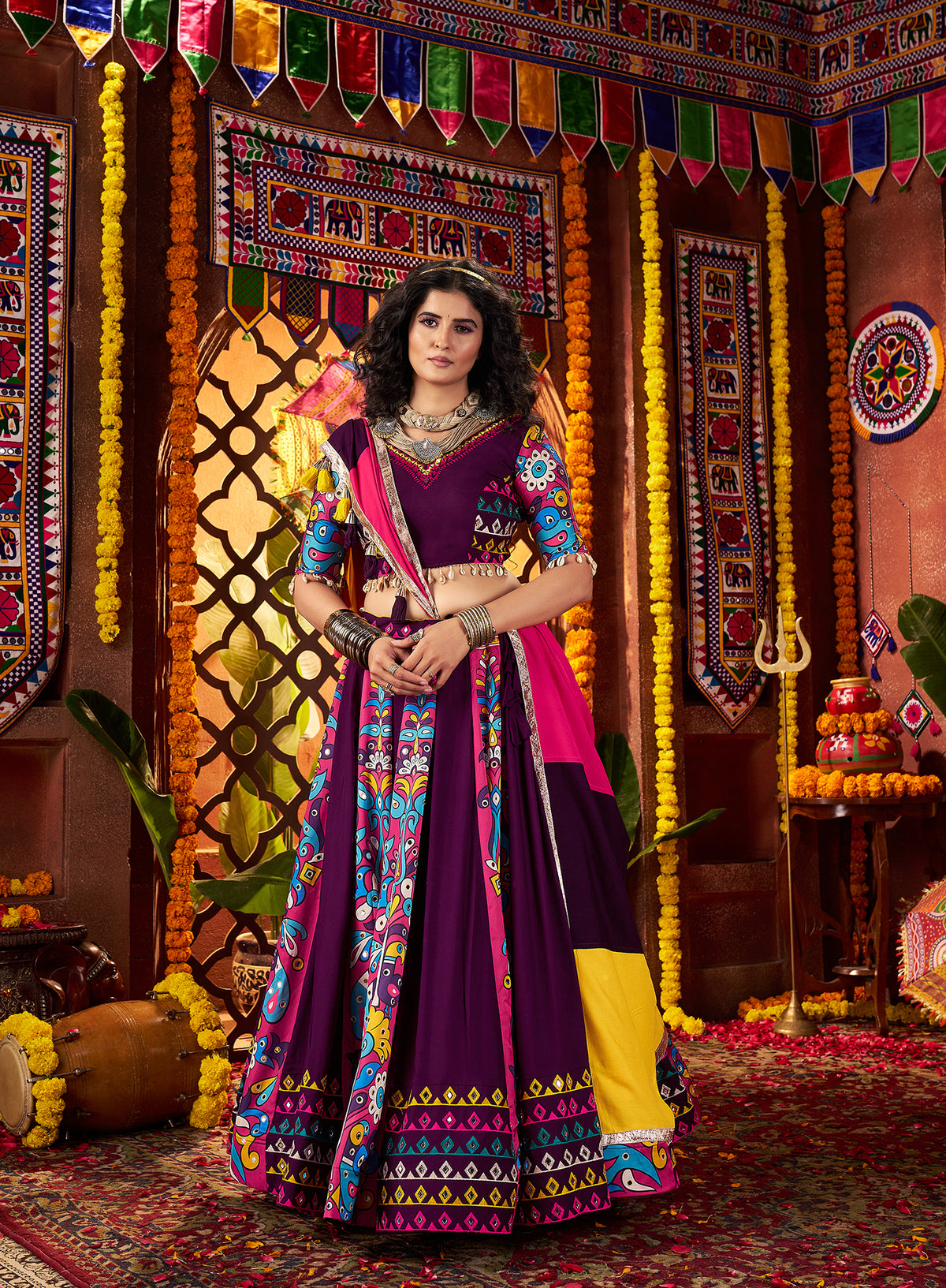 Purple Navratri Lehenga Choli in Viscose Cotton with Kutchi Mirror Work