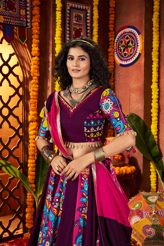 Purple Navratri Lehenga Choli in Viscose Cotton with Kutchi Mirror Work