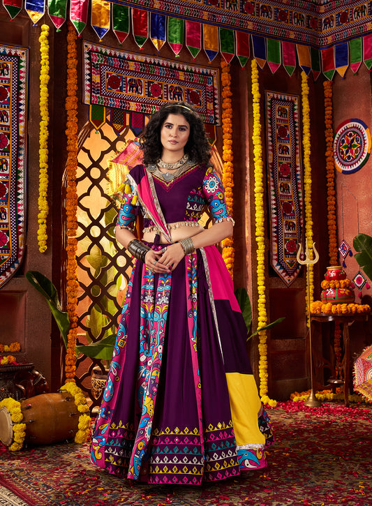 Purple Navratri Lehenga Choli in Viscose Cotton with Kutchi Mirror Work