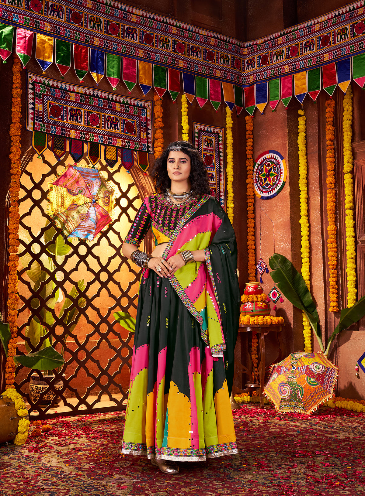 Black Gajji silk Thread Mirror Work Navratri Lehenga Choli