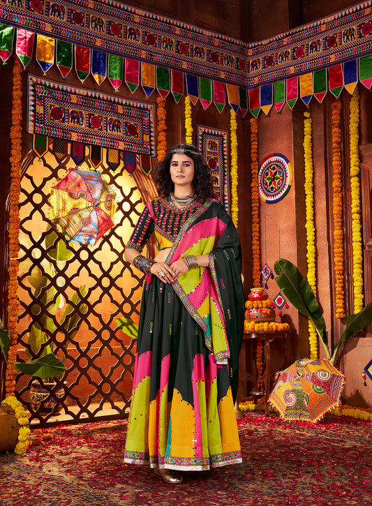 Black Gajji silk Thread Mirror Work Navratri Lehenga Choli