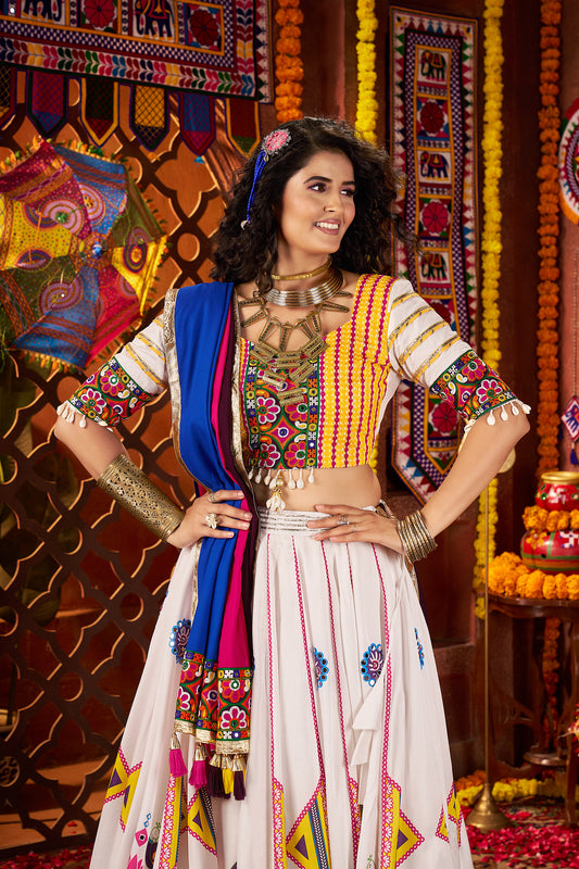 White Gajji silk Thread Mirror Work Navratri Lehenga Choli