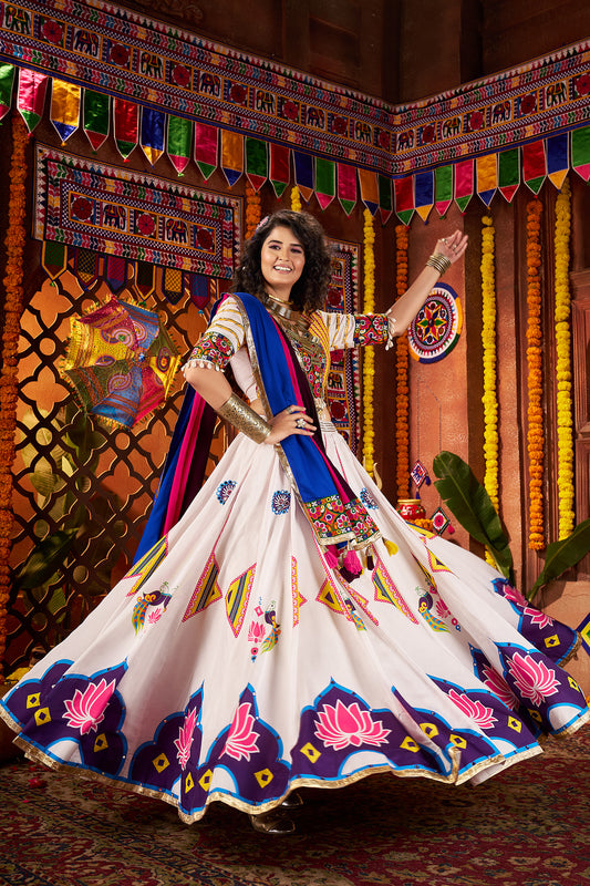 White Gajji silk Thread Mirror Work Navratri Lehenga Choli
