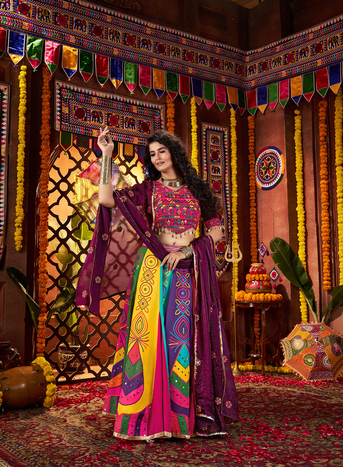 Purple Gajji silk Thread Mirror Work Navratri Lehenga Choli