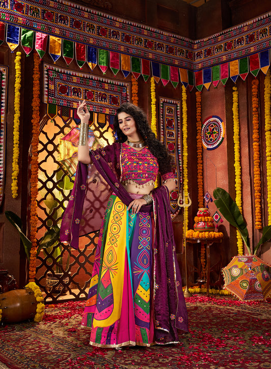 Purple Gajji silk Thread Mirror Work Navratri Lehenga Choli