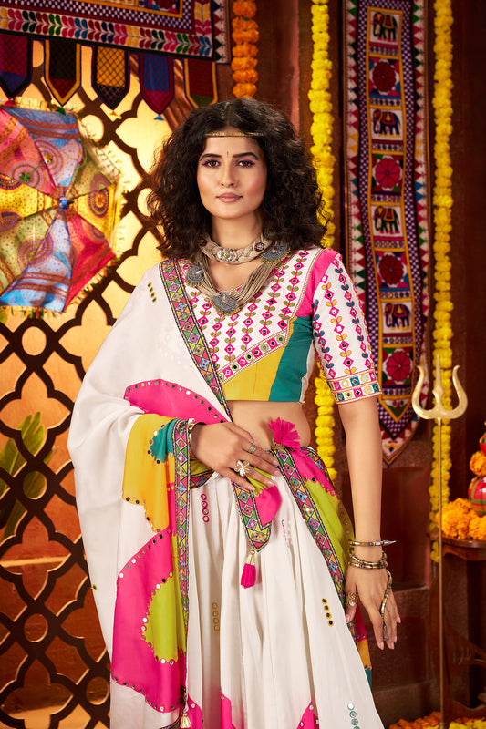 White Gajji silk Thread Mirror Work Navratri Lehenga Choli