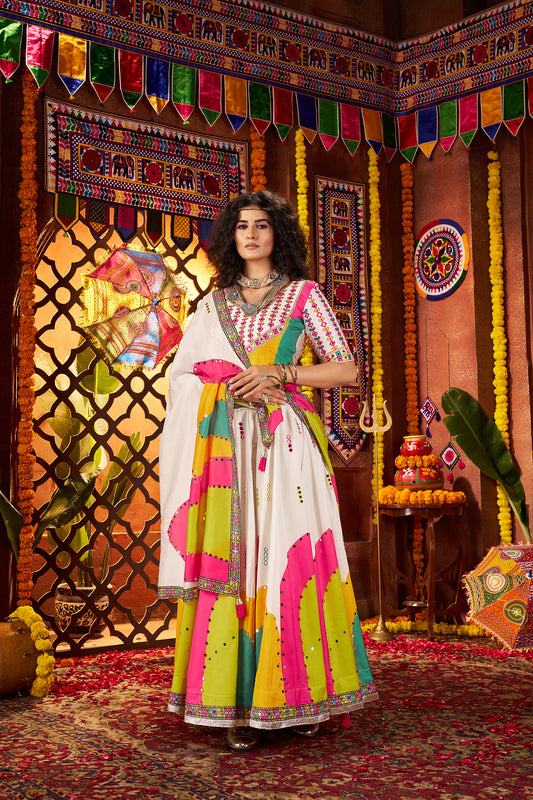 White Gajji silk Thread Mirror Work Navratri Lehenga Choli