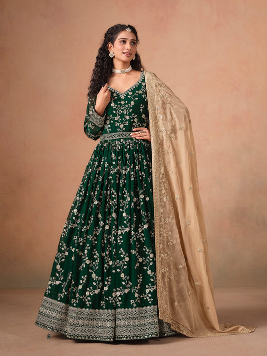Dark Green Georgette Heavy Embroidered work Anarkali Suit