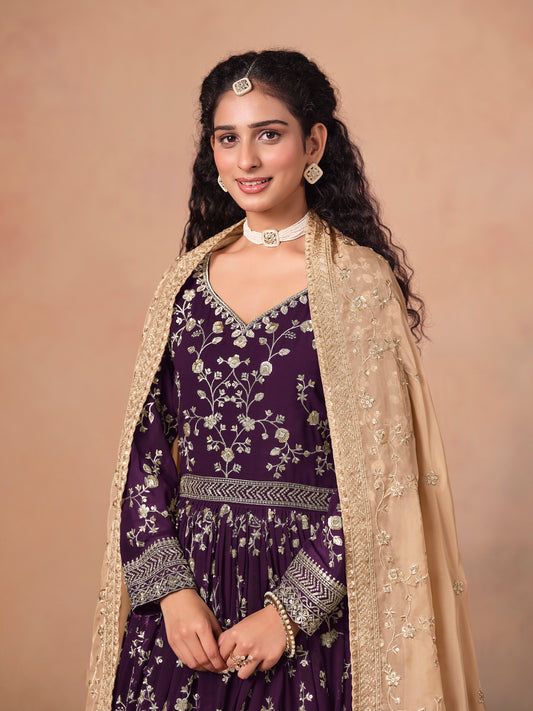 Purple Georgette Heavy Embroidered work Anarkali Suit