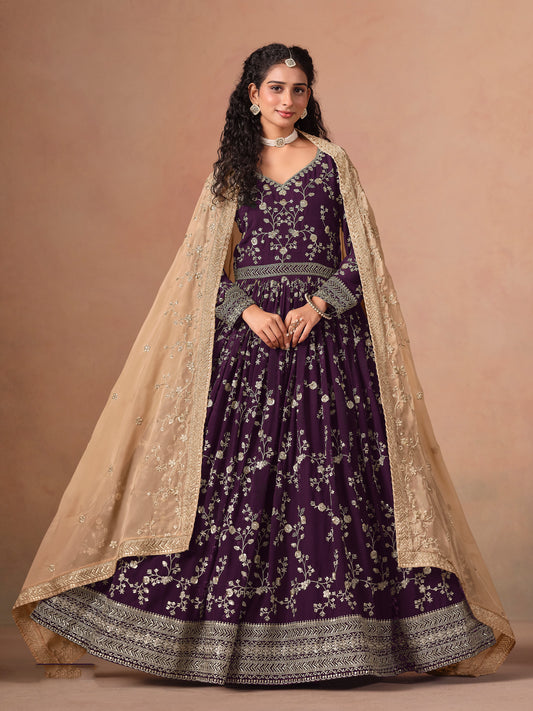 Purple Georgette Heavy Embroidered work Anarkali Suit