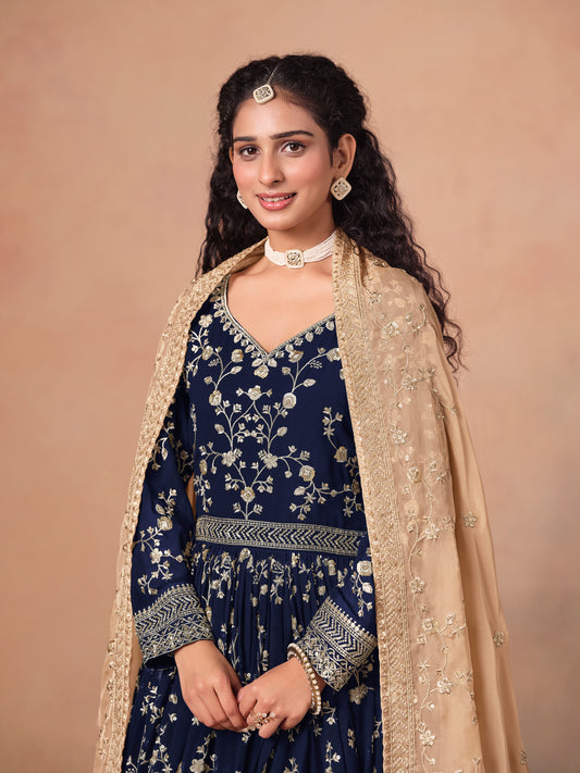 Navy blue Georgette Heavy Embroidered work Anarkali Suit