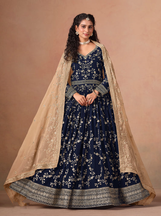 Navy blue Georgette Heavy Embroidered work Anarkali Suit