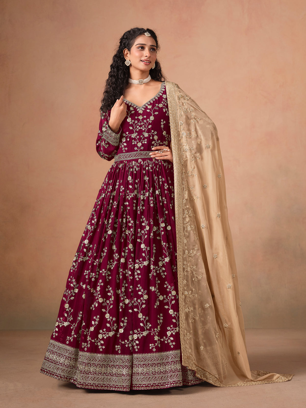 Rani Pink Georgette Heavy Embroidered work Anarkali Suit
