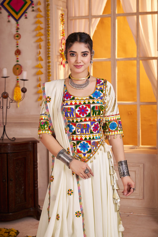 White Colour Viscose Cotton Kutchi patch work Readymade Lehenga Choli