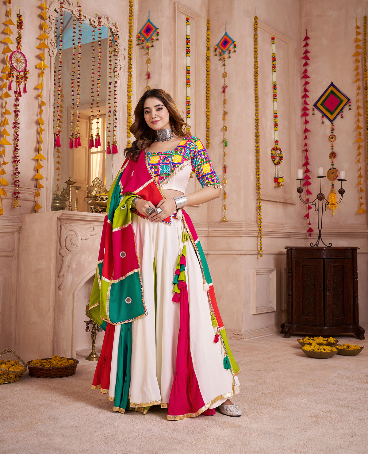 Multi-Color Viscose Cotton Navratri Lehenga Choli Set With Mirror And Thread Work