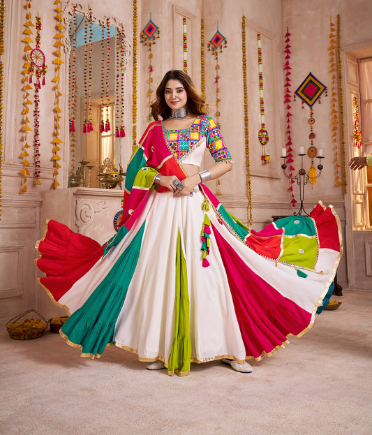 Multi-Color Viscose Cotton Navratri Lehenga Choli Set With Mirror And Thread Work