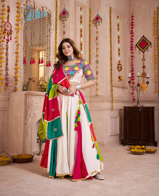 Multi-Color Viscose Cotton Navratri Lehenga Choli Set With Mirror And Thread Work