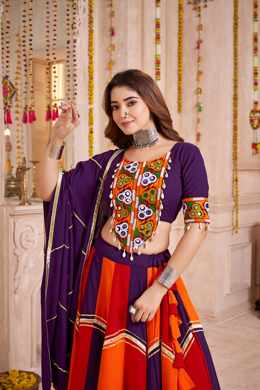 Colorful Viscose Cotton Navratri Lehenga with Thread, Mirror & Kodi Work