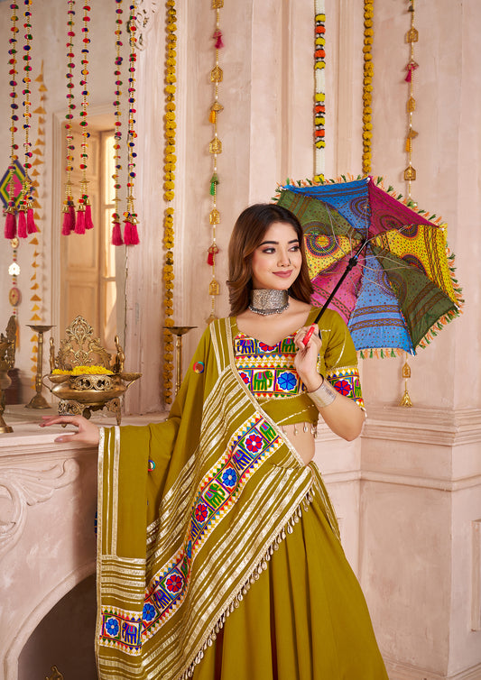 Olive Green Viscose Cotton Navratri Style Chaniya Choli Set