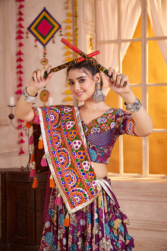 Purple Kutchi Mirror Work Navratri Lehenga Choli