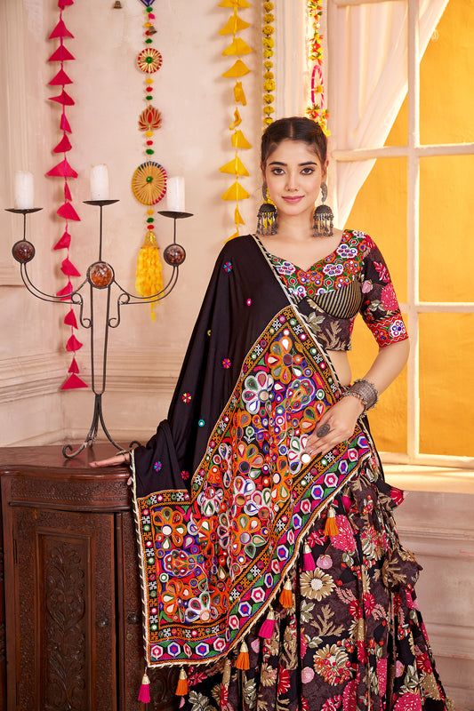 Black Viscose Cotton Navratri Lehenga Choli with Kutchi Patch & Mirror Work