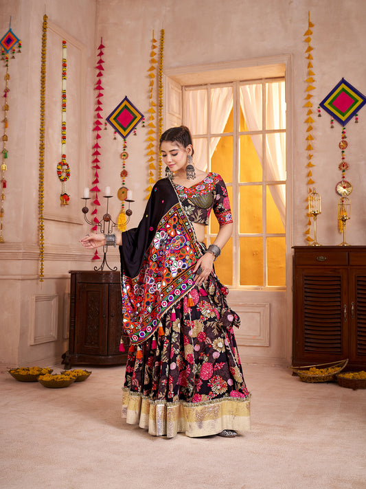Black Viscose Cotton Navratri Lehenga Choli with Kutchi Patch & Mirror Work