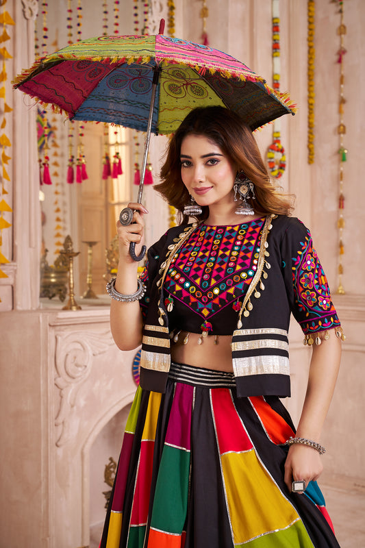 Multicolor Viscose Cotton Navratri Chaniya Choli With Kutchi And Patch Work Jacket