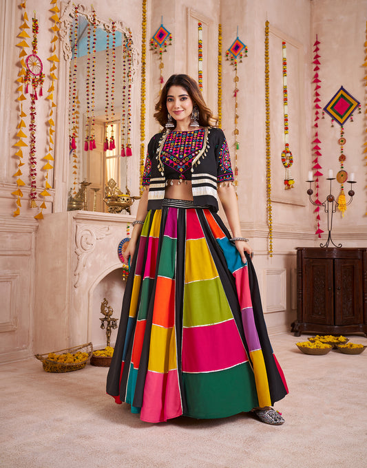 Multicolor Viscose Cotton Navratri Chaniya Choli With Kutchi And Patch Work Jacket