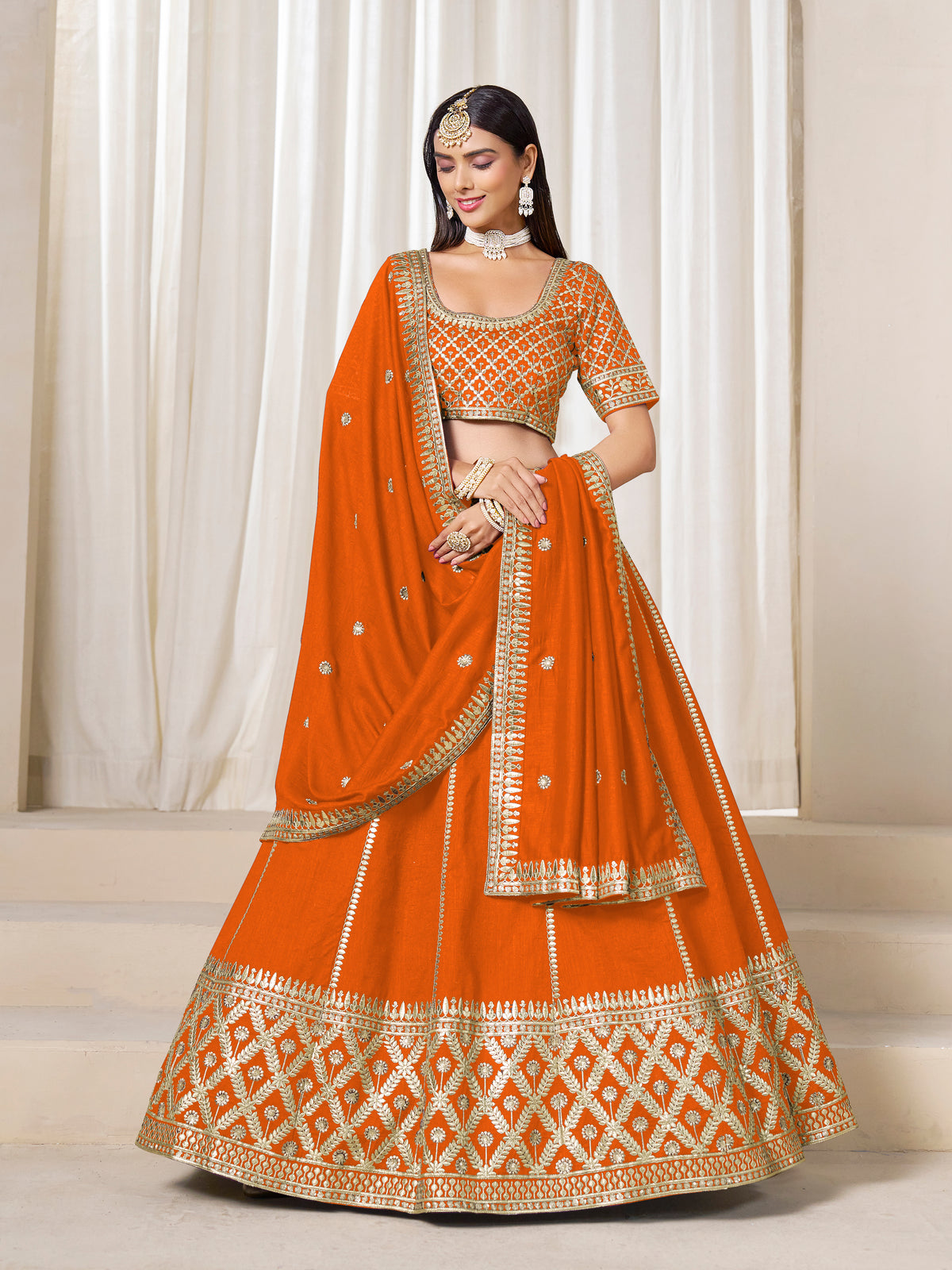 Orange Art Silk Wedding Wear Lehenga Choli Set