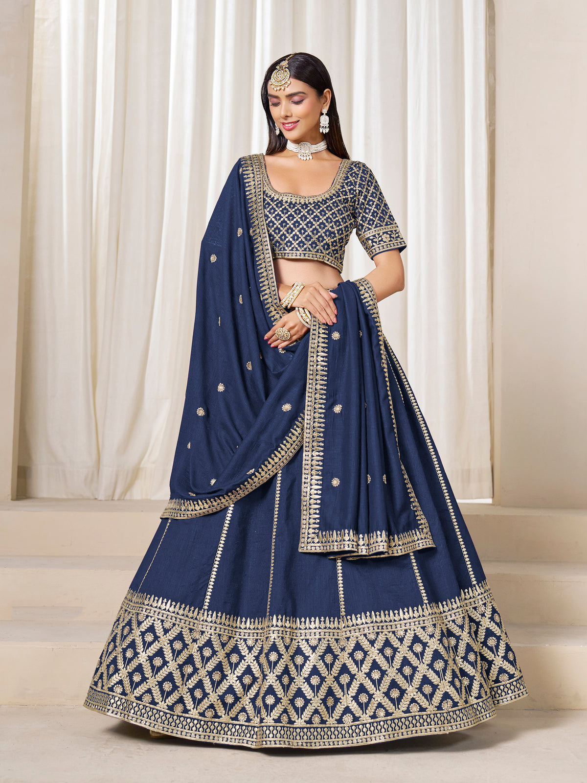 Navy Blue Art Silk Wedding Wear Lehenga Choli Set