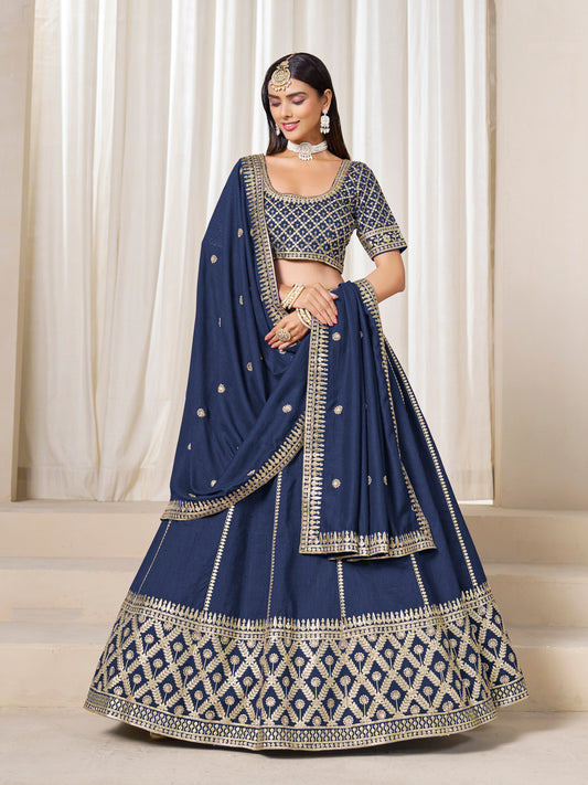 Navy Blue Art Silk Wedding Wear Lehenga Choli Set