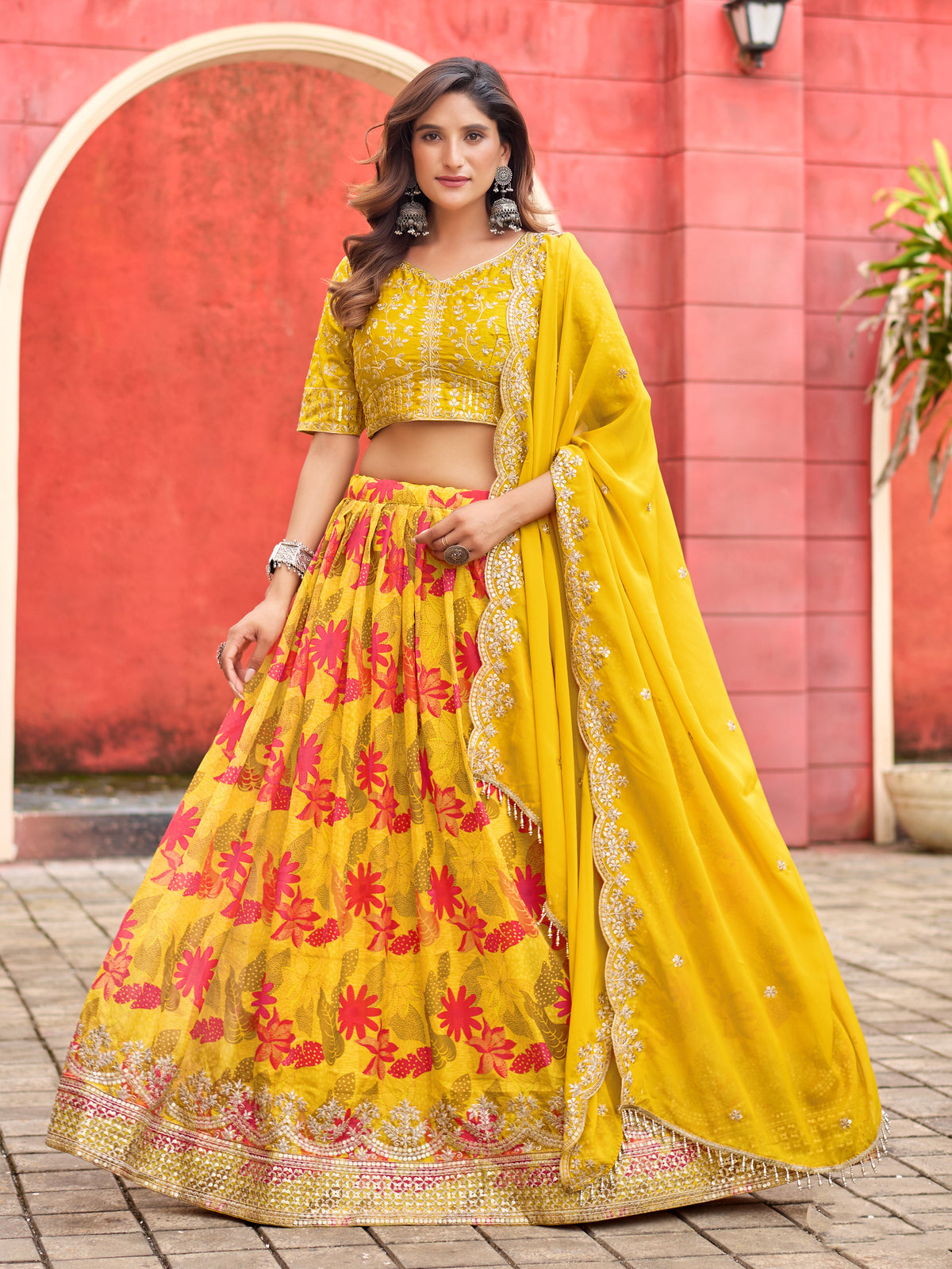 Yellow Printed Embroidered Taby Silk Trendy Lehenga Choli