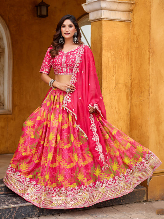 Rani Pink Printed Embroidered Taby Silk Trendy Lehenga Choli