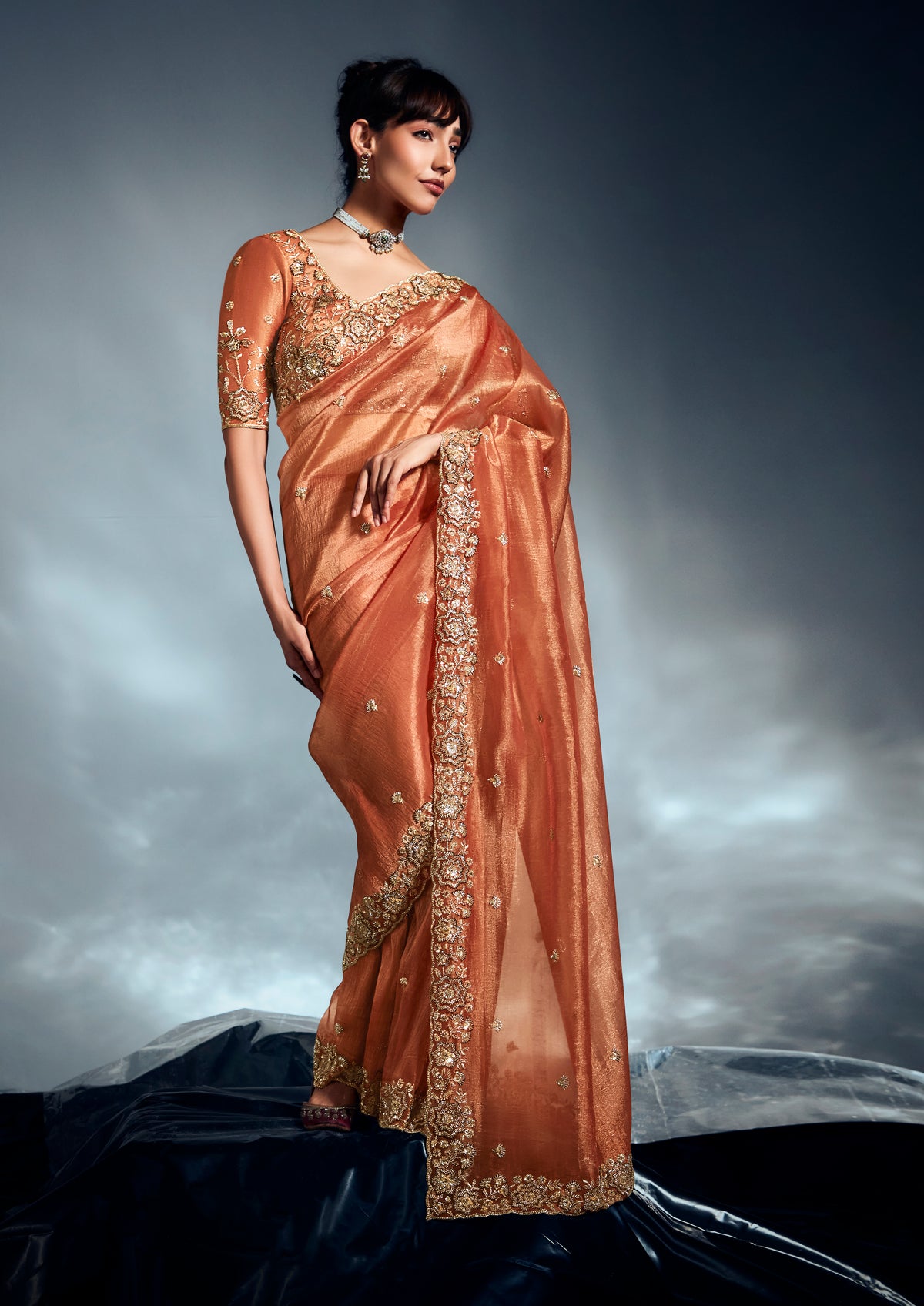 Orange Tissue Organza Saree with Moti, Cutdana & Sequins Work