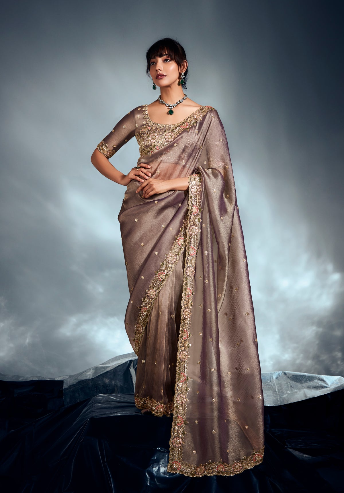Light Brown Tissue Organza Saree with Moti, Cutdana & Sequins Work