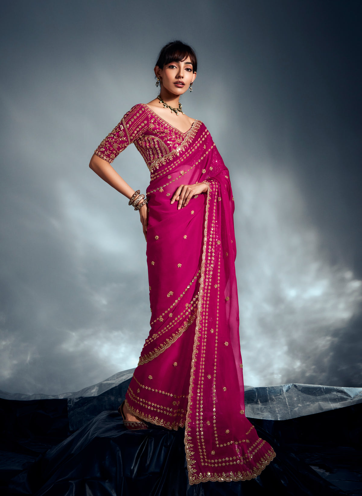 Magenta Pink Tissue Organza Saree with Moti, Cutdana & Sequins Work