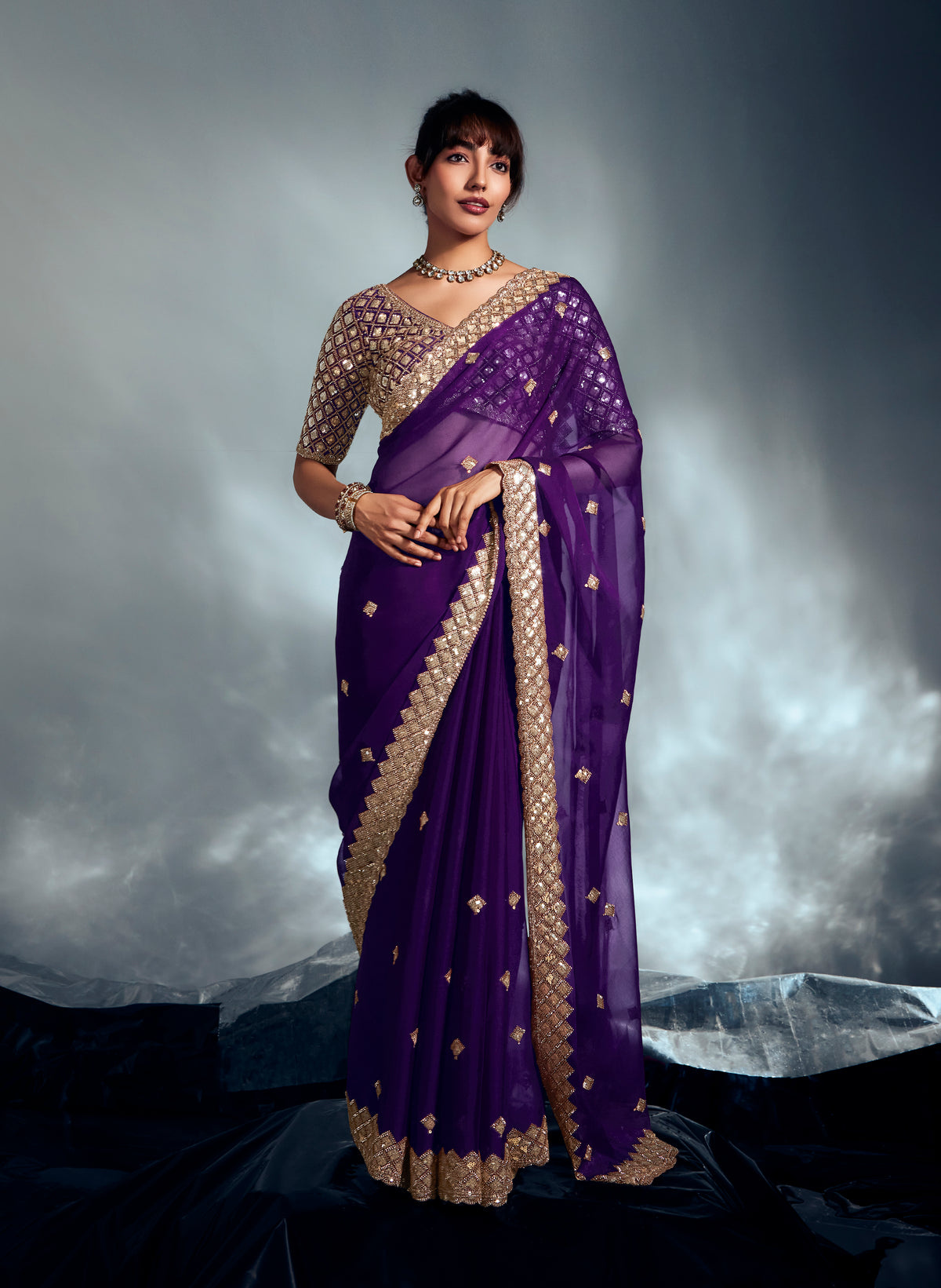 Purple Tissue Organza Saree with Moti, Cutdana & Sequin Khatli Work