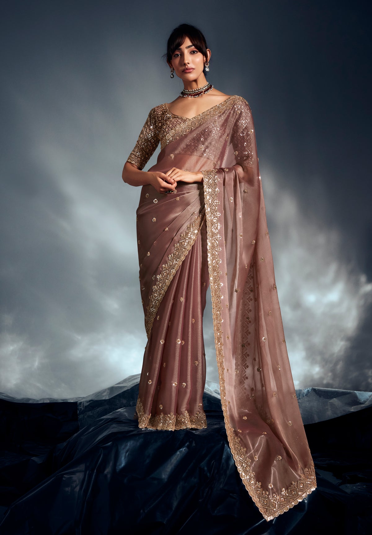 Dusty Pink Tissue Organza Saree with Moti, Cutdana & Sequins Khatli Work