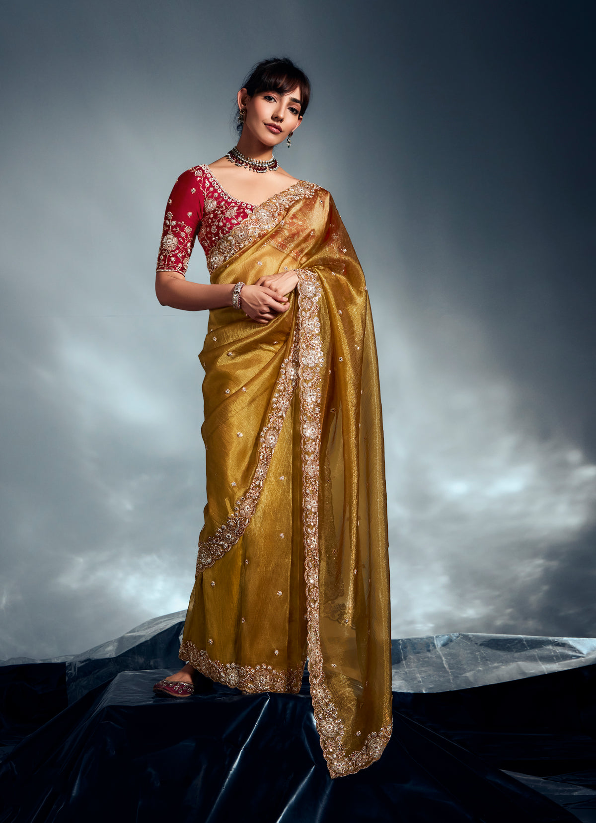 Mustard Tissue Organza Saree with Moti, Cutdana & Sequins Khatli Work