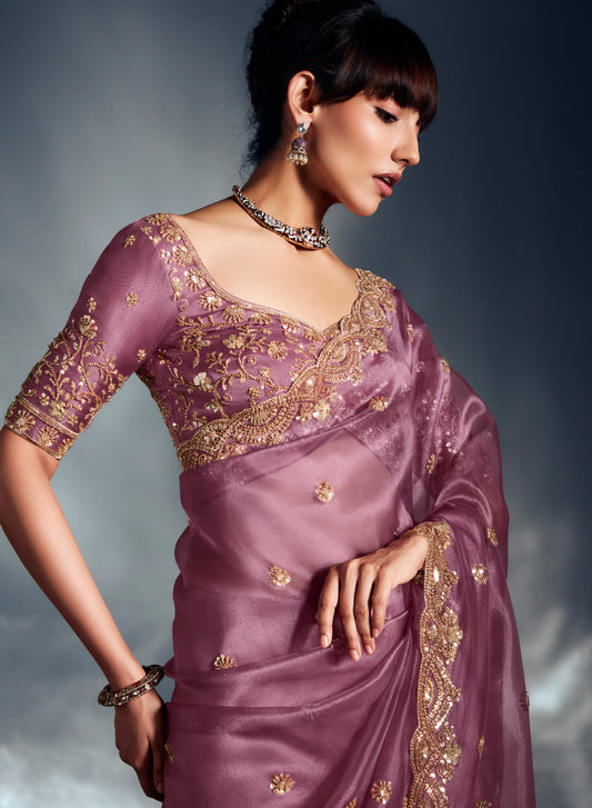 Designer Onion Pink Tissue Organza Saree with Moti, Cutdana & Sequins Work