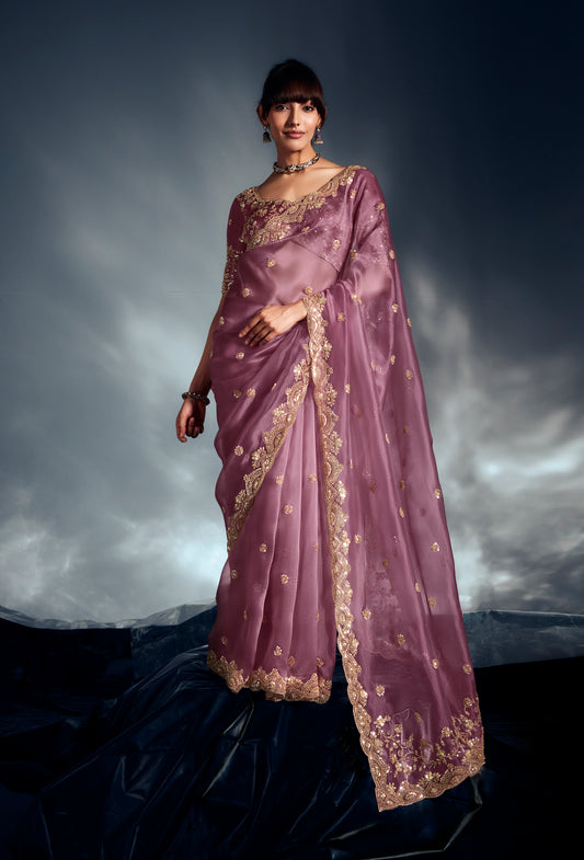 Designer Onion Pink Tissue Organza Saree with Moti, Cutdana & Sequins Work