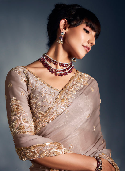 Ivory Tissue Organza Saree with Moti, Cutdana & Sequin Work