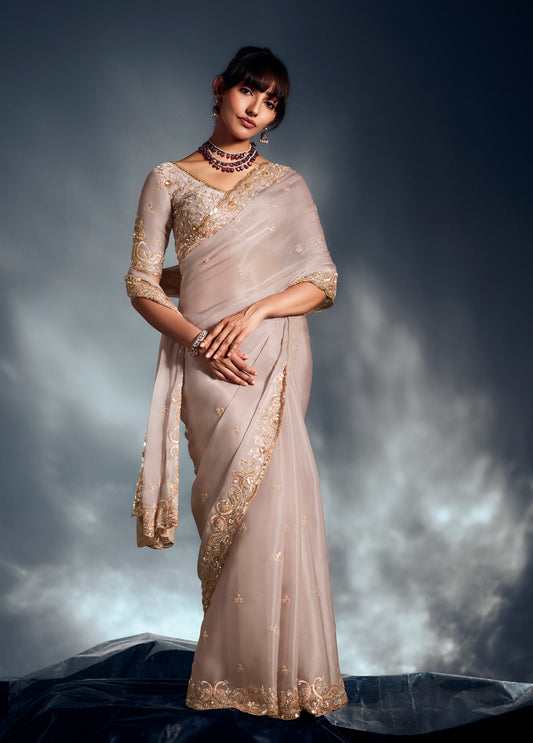 Ivory Tissue Organza Saree with Moti, Cutdana & Sequin Work