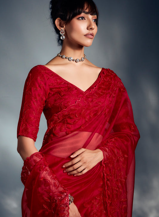 Red Tissue Organza Saree with Moti, Cutdana & Sequin Work