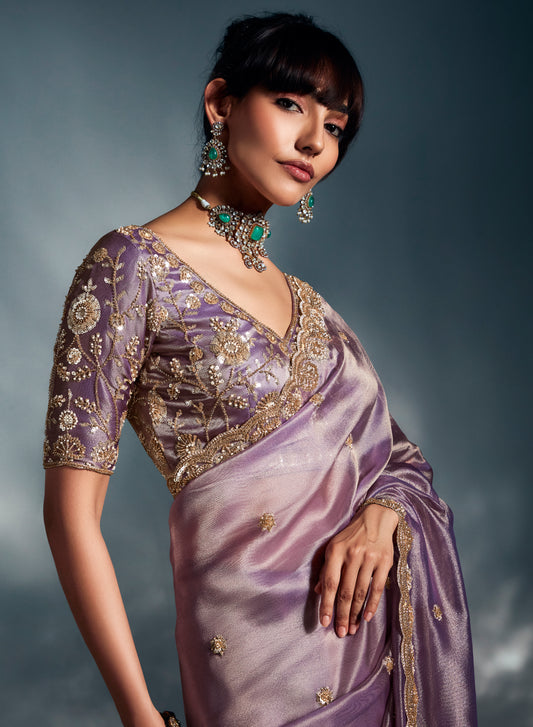 Lilac Tissue Organza Saree with Moti, Cutdana & Sequin Work